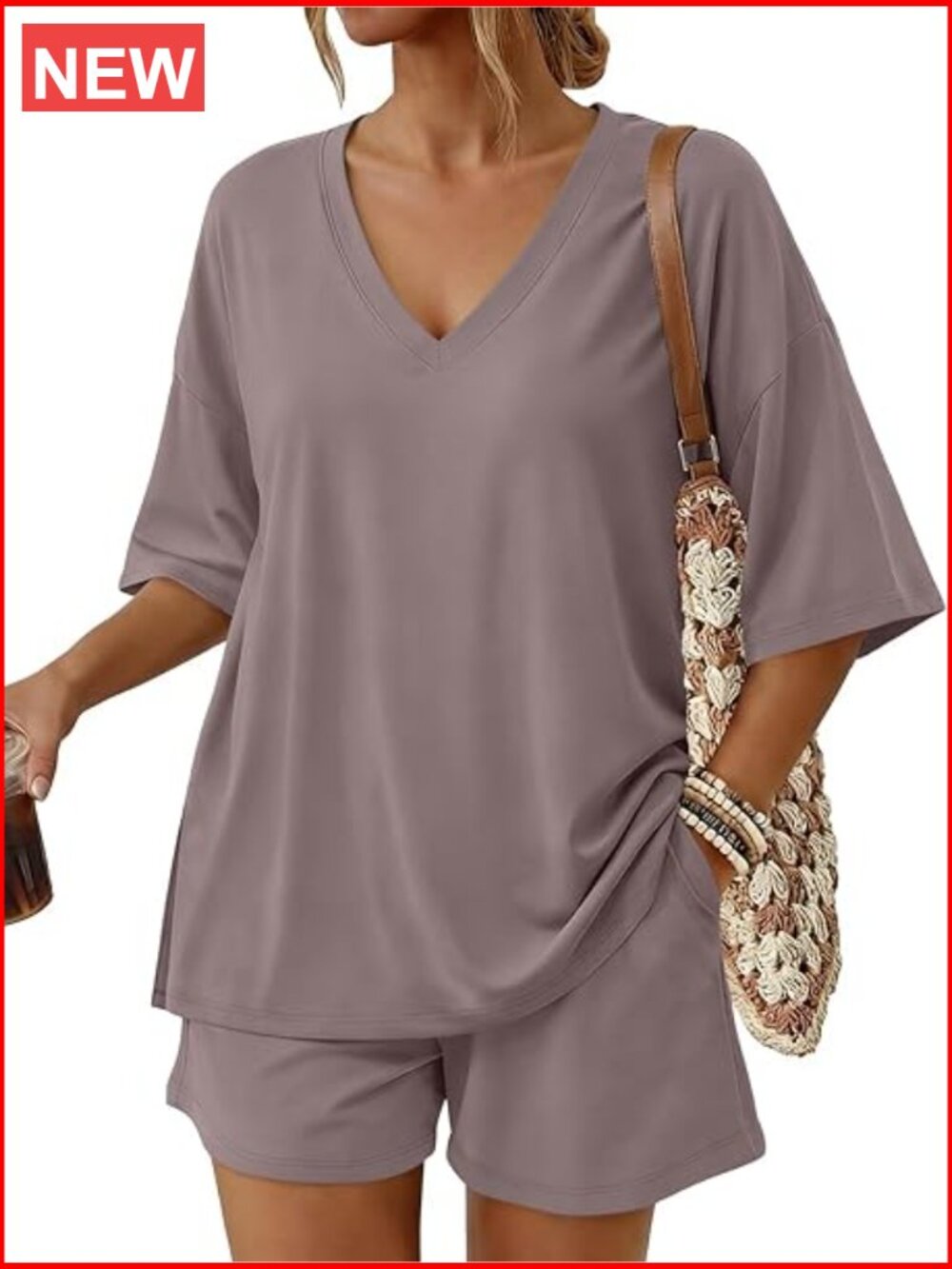 Trendy Queen 2 Piece Sets for Women Lounge Short Set V Neck Oversized Top Loose